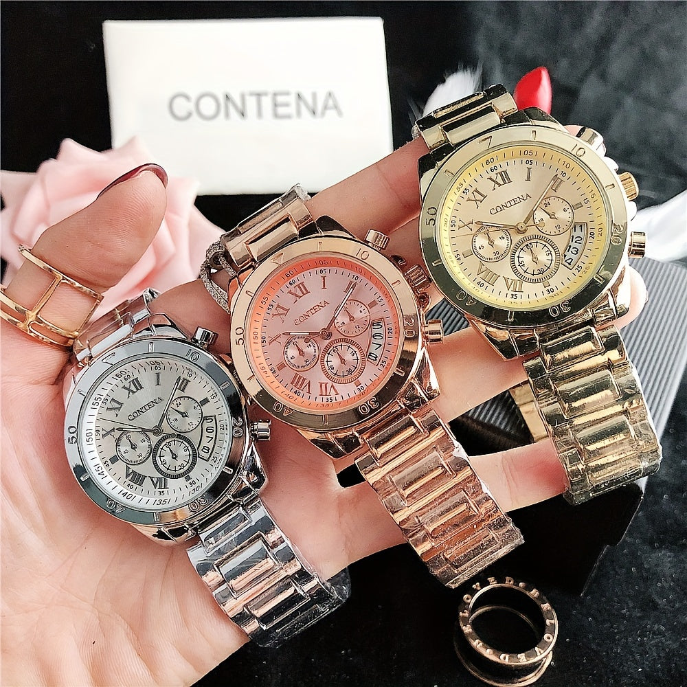 Quartz Watch For Women Stainless Steel Wrist Watch Alloy Pointer With Bracelet Set For Gifts Women daily uses Gifts For Eid